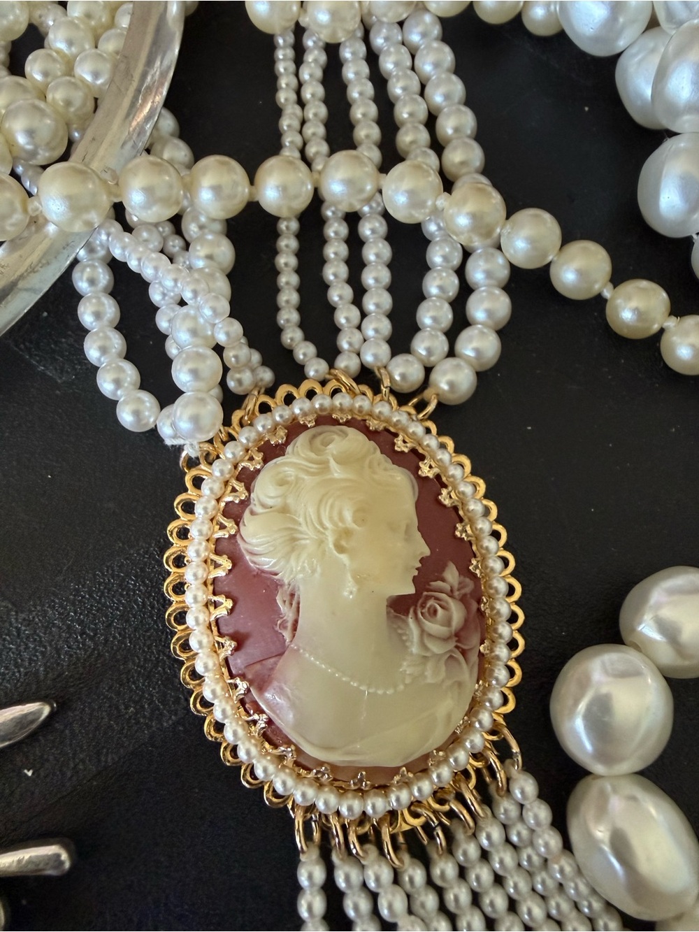 Vintage-Inspired White Pearl Multi-Strand Cameo Necklace & more - Picture 5 of 10